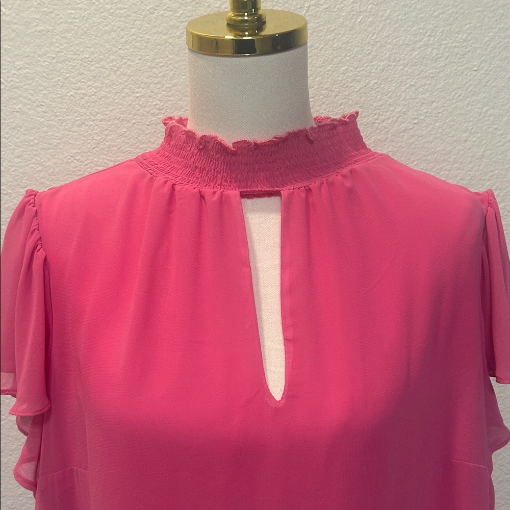 1. State Hot Pink Mock Neck Keyhole Ruffle Sleeve Blouse - Picture 4 of 12